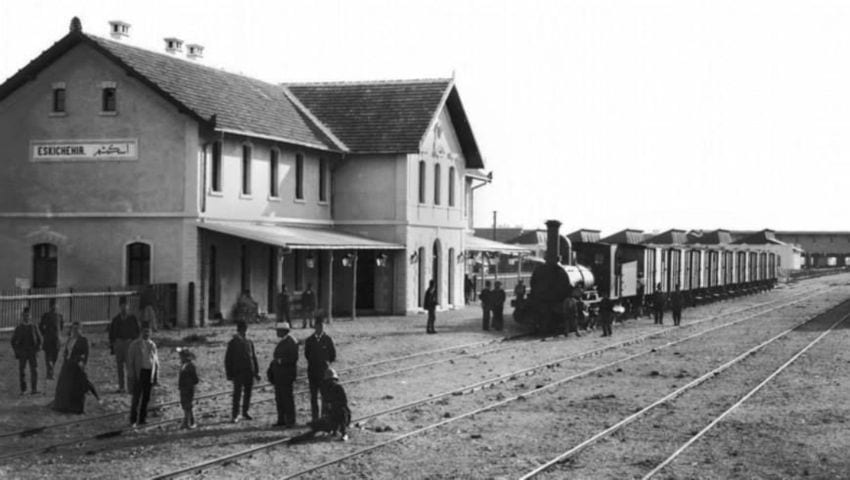 Historical view of Eskişehir showing the old railway station