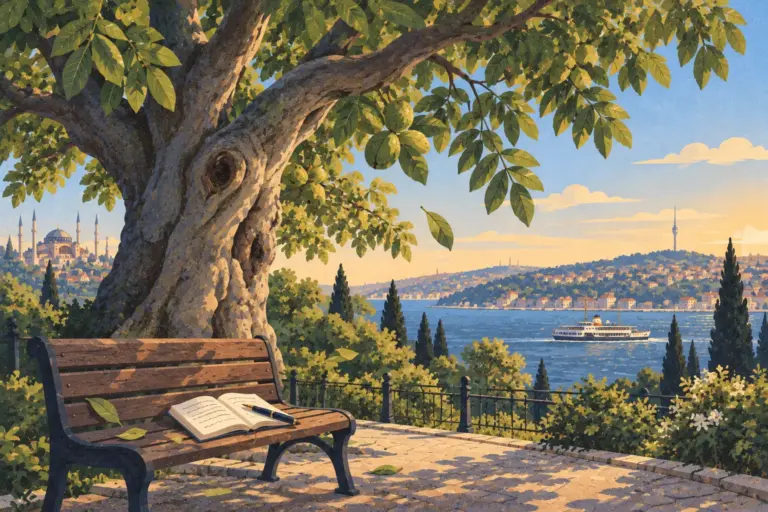 Illustration: an old walnut tree shades a park bench with an open notebook and a pen, above the Bosphorus with a ferry and Istanbul domes in the distance