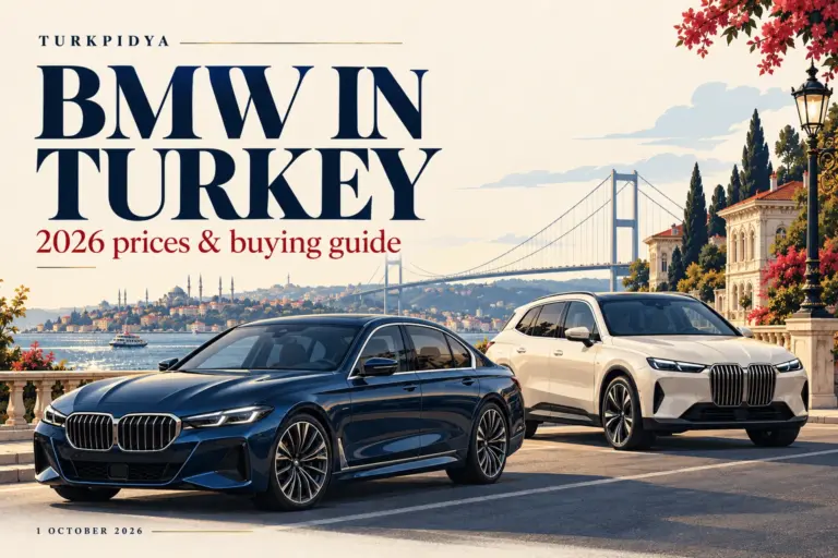 Turkpidya editorial illustration of a sedan and SUV beside Istanbul’s Bosphorus, not a photograph of an exact BMW model or trim.