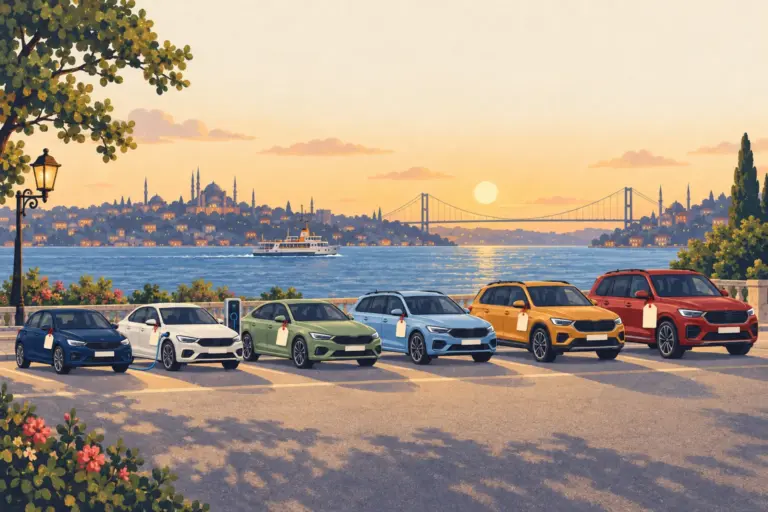 Illustration: six cars from a small hatchback to a large SUV parked in a row on the Bosphorus shore at sunset, each with a blank price tag that grows with the car; the white saloon is plugged into a kerbside charger