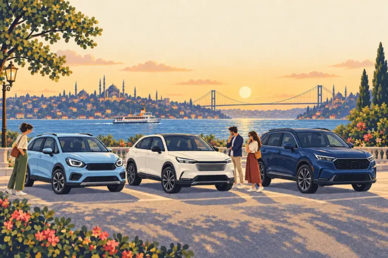 Illustration: a sky-blue Honda Jazz Crosstar, cream Honda HR-V and navy Honda CR-V beside Istanbul’s Bosphorus, with buyers considering the three cars