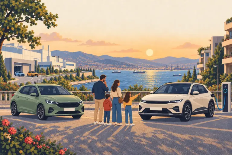 Illustration: a family between a small hatchback and an electric crossover beside the Gulf of İzmit, with a factory and apartment charger behind them