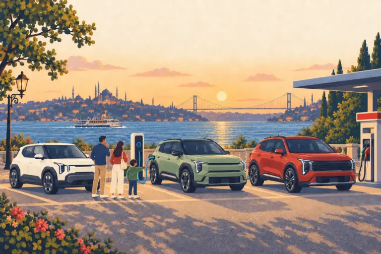 Illustration: a white Kia EV2, sage Kia EV3 and red facelift Kia Sportage beside the Bosphorus, with a family choosing between a charger and a petrol pump