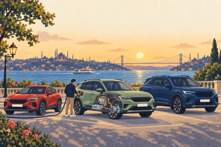 Illustration: three unbadged crossovers on Istanbul’s waterfront, with a petrol-fed electric-drive cutaway in the middle car