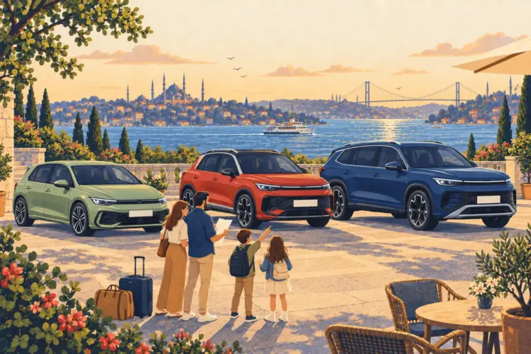 Illustration: a family with travel bags compares a Volkswagen Golf, T-Roc and Tayron on the Bosphorus shore