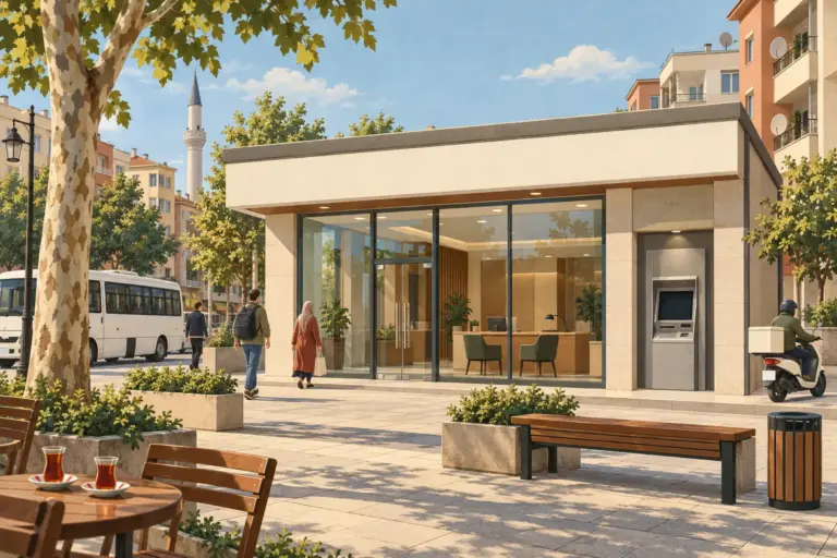 Illustration: a modern glass bank branch with a blank sign above the door, an ATM beside it, plane trees, a minibus, a scooter and tea glasses on a street table, in warm daylight, no people in focus