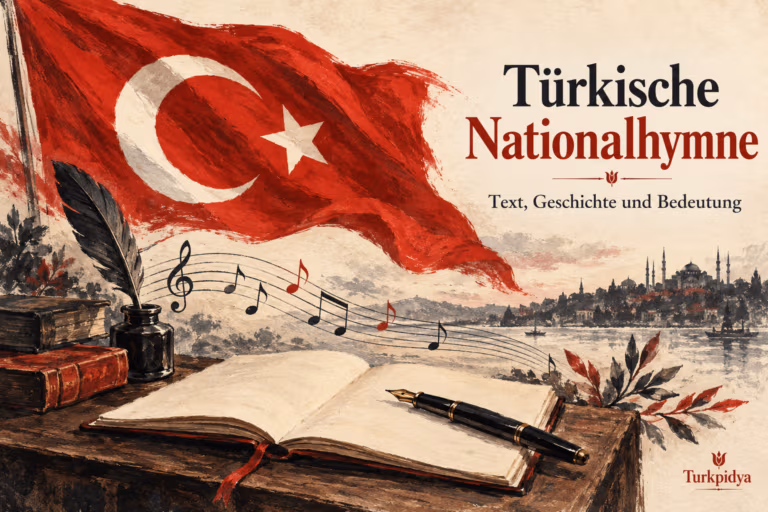 Türkische Flagge, Schreibbuch und musikalische Motive als Gouache-Illustration zur Nationalhymne