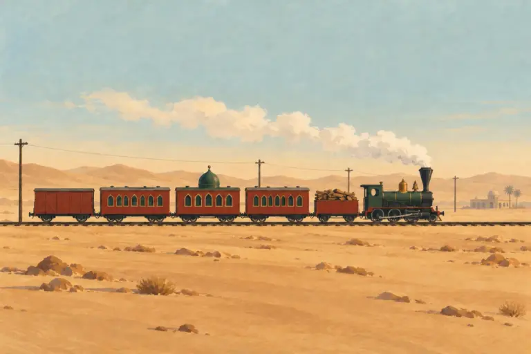Illustration: a wood-burning steam train with a green-domed mosque wagon crosses a desert plain beside a row of telegraph poles, a domed station far ahead