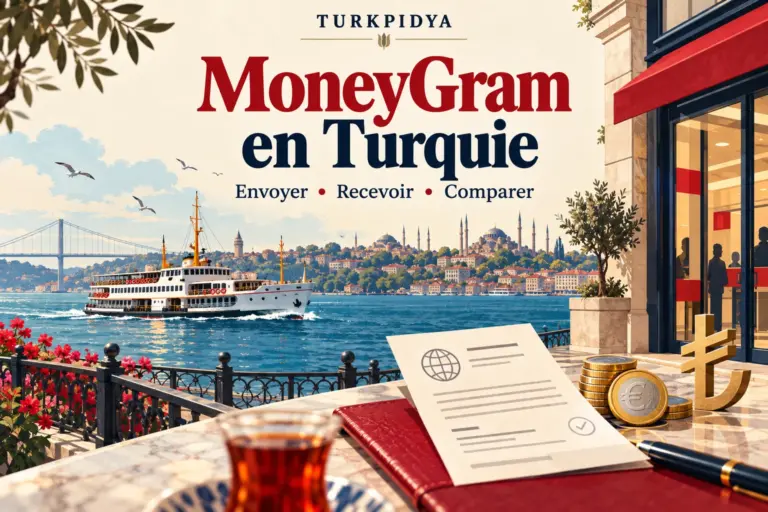 MoneyGram en Turquie : envoyer, recevoir et comparer, illustration Turkpidya du Bosphore et d’un reçu de transfert.