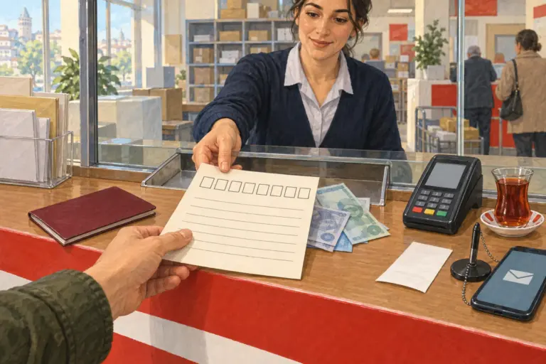 Иллюстрация: касса с красно-белой полосой на стойке; кассир протягивает клиенту бланк перевода с восемью пустыми клетками, рядом паспорт, купюры и платёжный терминал