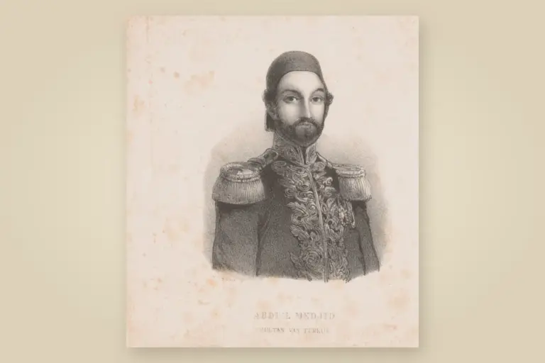 Black-and-white lithograph portrait of a bearded man in a fez and an embroidered uniform with epaulettes, printed with the words Abdul Medjid, Sultan van Turkije