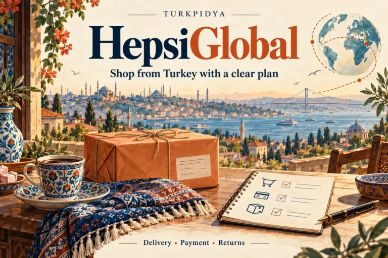 Turkpidya illustration of a shopping parcel, checklist and Istanbul skyline for the HepsiGlobal delivery, payment and returns guide.