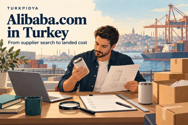 Turkpidya illustration of a business buyer comparing a sample and specification beside shipping cartons at an Istanbul port.
