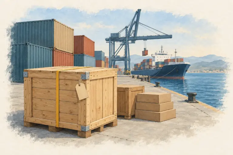 Illustration of a container quay in morning light: a wooden export crate with a yellow strap on a pallet in the foreground, stacked plain shipping containers behind it, a gantry crane and a cargo ship at the berth