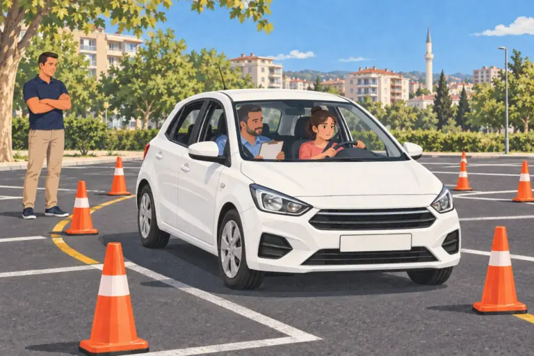 Illustration: a small white car weaves between orange cones on a driving-test course, a nervous learner at the wheel and an examiner with a clipboard beside them, an instructor watching, apartment blocks and a minaret behind
