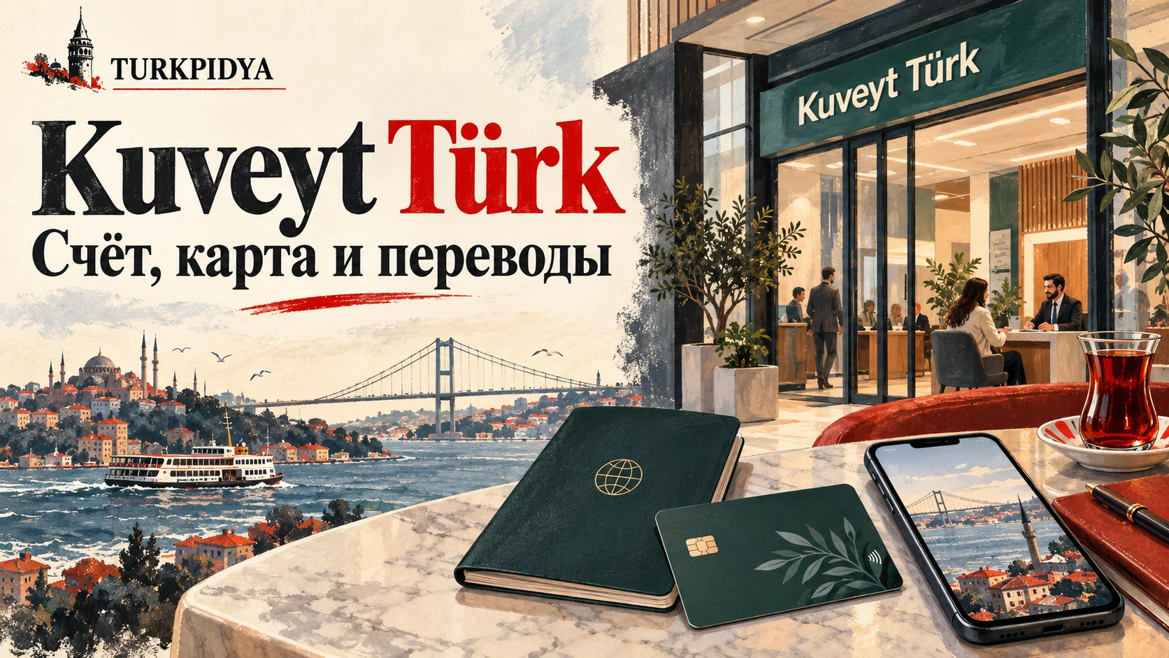 Kuveyt Türk: счёт, карта и переводы — иллюстрированная обложка Turkpidya