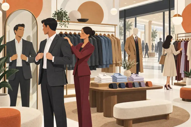 Illustration: in a calm fashion store, a man tries on a grey tailored jacket in front of a round mirror while an assistant straightens the shoulder, beside rails of suits, folded shirts and a mannequin in a camel coat