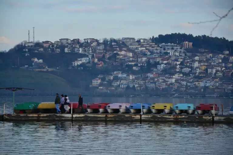 Rows of coloured pedal boats moored along a wooden landing on a lake, with houses climbing a forested hillside on the far shore