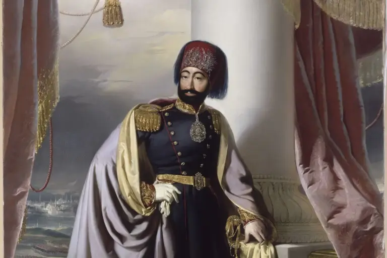 Portrait of Sultan Mahmud II in a dark military coat with gold shoulder tassels, a white glove in one hand and a red fez with a jewelled plume, a long cloak over one shoulder