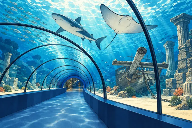 Illustration: the walkway inside the glass tunnel of a large aquarium, a tall arched transparent ceiling held by thin steel ribs, a sunken wooden ship with a bare mast and a heavy chain and weathered stone columns behind the glass, a grey shark and a large ray swimming overhead among silver fish