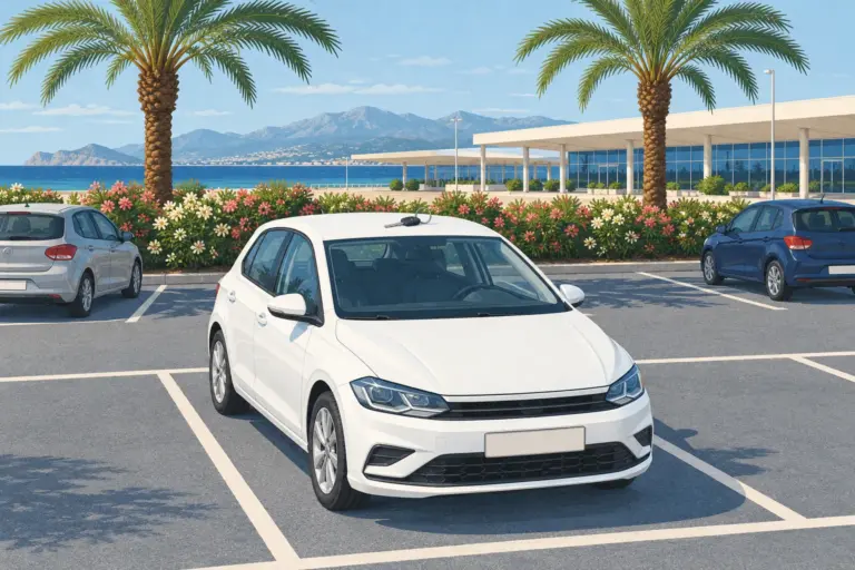 A white hatchback in its bay in a rental station car park by the sea, a key on its roof, palms and a low terminal behind