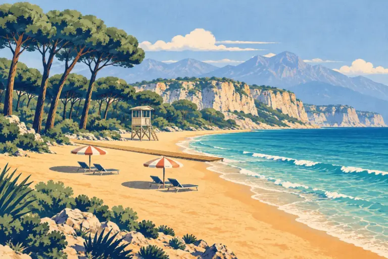 Illustration: a sand beach on the Antalya coast with umbrella pines, a lifeguard tower, two striped parasols and a wooden walkway to the sea