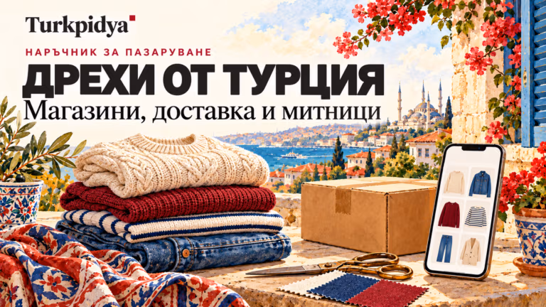 Илюстрация на Turkpidya с турски дрехи, пратка и смартфон с продукти на фона на Истанбул.