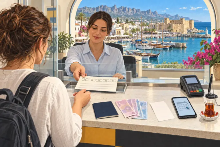 Illustration: a student with a backpack at a bank counter takes a transfer slip with ten boxes from the teller; a passport, Turkish lira notes and a phone with a booked calendar slot lie on the counter, and Kyrenia harbour shows through the window