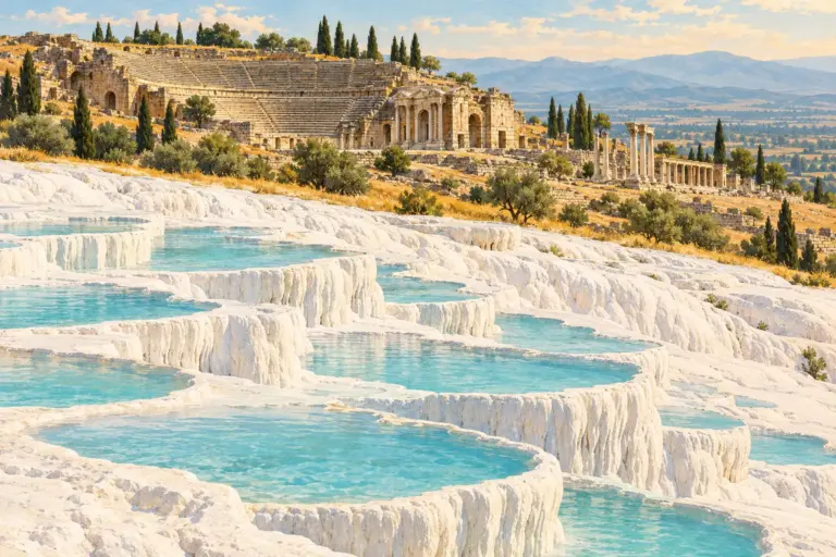 Illustration: the white travertine terraces of Pamukkale with turquoise pools below the Roman theatre and colonnades of Hierapolis on the ridge