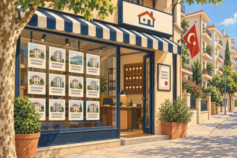 Illustration: a small real estate office on a residential street in Türkiye, with listing cards in the shop window, a board of keys inside, a framed certificate by the door and a Turkish flag on the corner