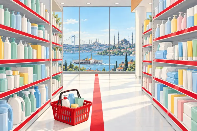 Illustration: a bright drugstore aisle with red shelf strips and plain bottles, tubes and boxes on both sides; a red shopping basket stands on the floor and the glass wall at the end looks out on the Bosphorus with a ferry, a suspension bridge and mosque domes