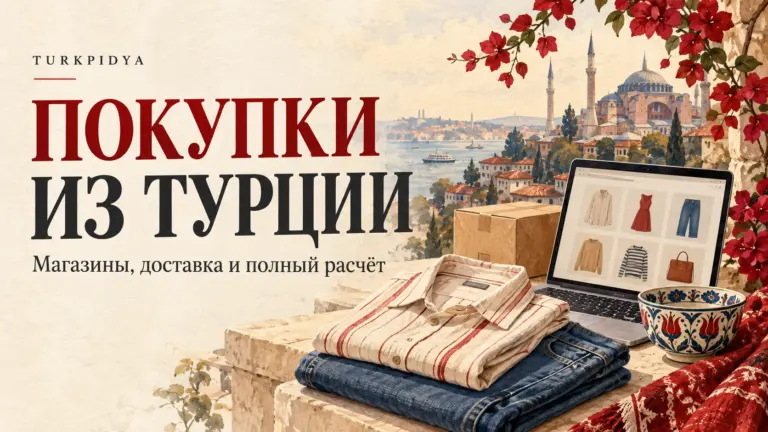 Иллюстрация Turkpidya: покупки из Турции, Стамбул, одежда, ноутбук и посылка.