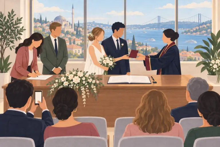 Illustration: a couple at a civil wedding in a Turkish marriage hall; the marriage officer in a dark robe hands them a burgundy family booklet while a witness signs and guests watch