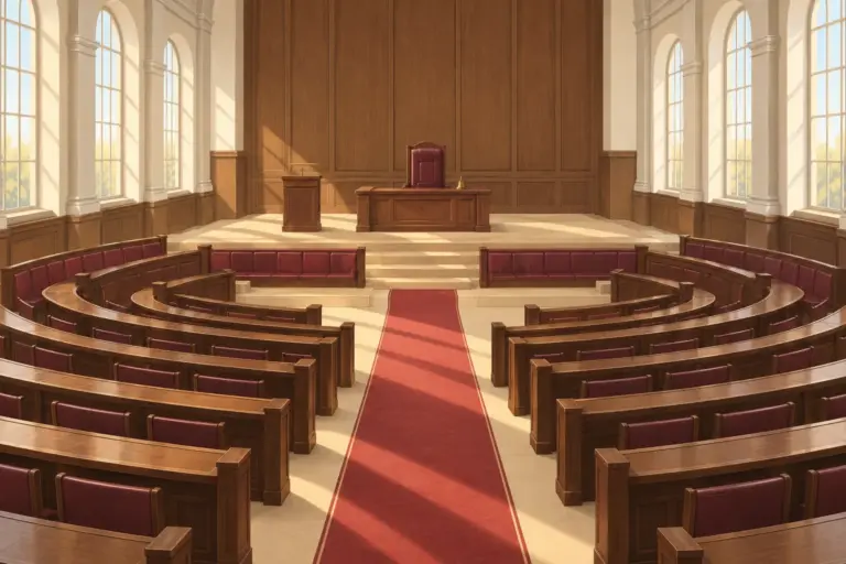 Illustration: an empty assembly chamber with curved wooden benches around a centre aisle, facing a raised platform with a desk, a high-backed chair and a small brass bell