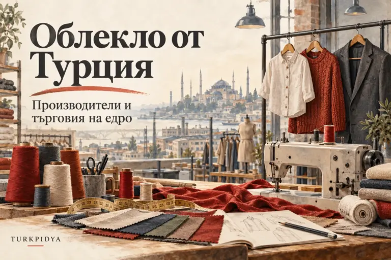 Илюстрация на Turkpidya: ателие с детска риза, пуловер, мъжко сако, платове и шевна машина.
