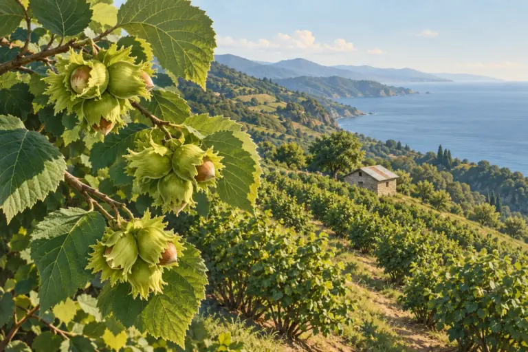 Illustration: clusters of hazelnuts in green husks on a leafy branch, hazel bushes in rows on a terraced hillside, a small stone hut and the Black Sea behind