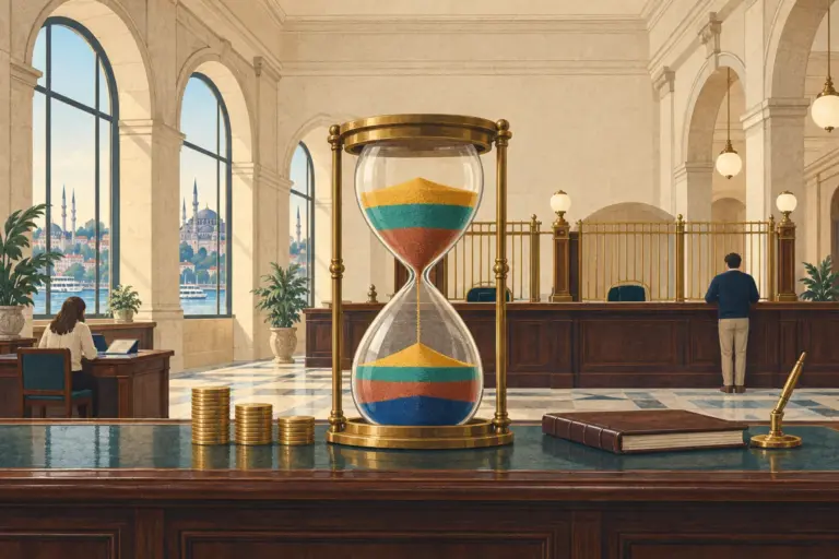 Illustration: a brass hourglass on a banker's counter in a bank hall with tall arched windows onto Istanbul; the sand lies in layers of yellow, green, red and blue, with a stack of coins and a ledger beside it