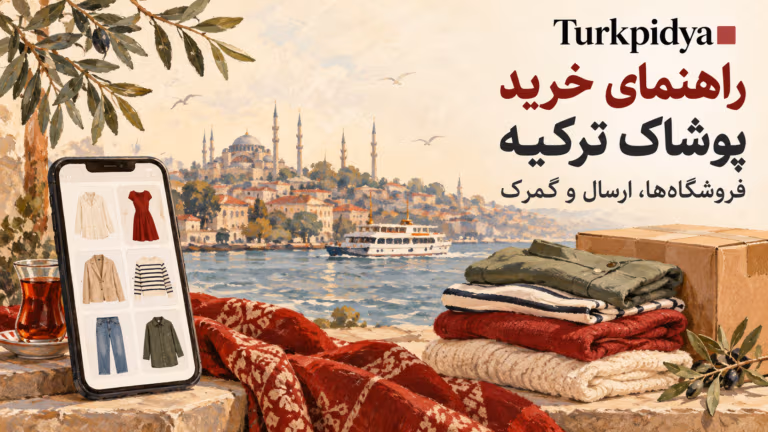 تصویر Turkpidya از پوشاک ترکیه، بسته پستی و تلفن همراه با محصولات، با منظره استانبول در پسزمینه.