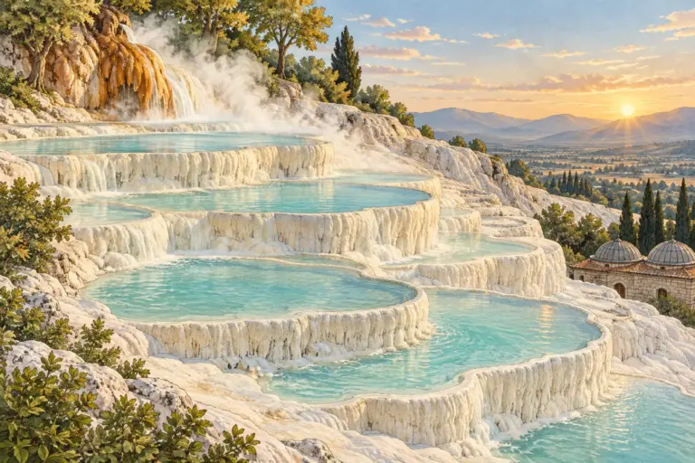 Illustration: white travertine terraces holding turquoise warm water on a hillside at sunrise, steam rising from a spring at the top, cypress trees and a stone bath house with two domes in the valley