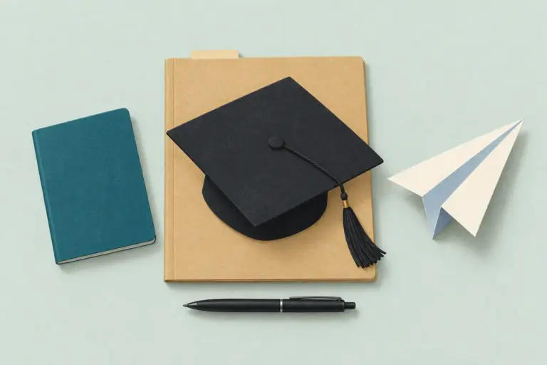 Illustration: a closed kraft application folder with a graduation cap on top, a blank teal passport-like booklet on its left and a folded paper aeroplane on its right, seen from overhead on a pale green surface; no people, flags or lettering