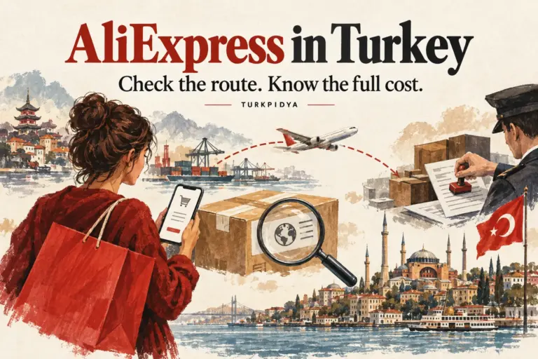 Turkpidya illustration of a shopper checking an overseas parcel, customs paperwork and the route into Turkey.
