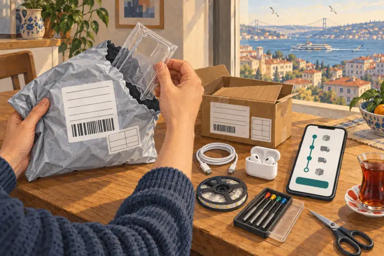 Illustration: at a wooden kitchen table by a window over Istanbul rooftops and the Bosphorus, hands pull a clear phone case from a torn grey mailer; a cable, earbuds, an LED strip, a screwdriver set, a cardboard box and a phone with a parcel-tracking timeline lie beside a glass of tea