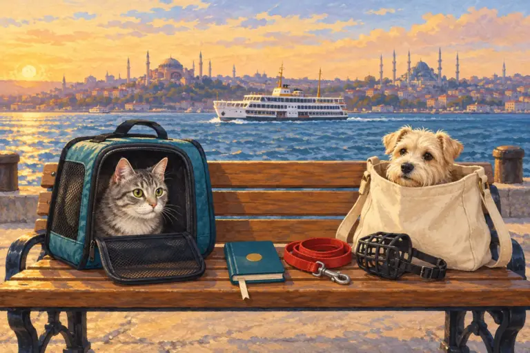 Illustration: a cat in a carrier, a small dog in a shoulder bag, a pet passport, a lead and a muzzle on a bench by the Bosphorus