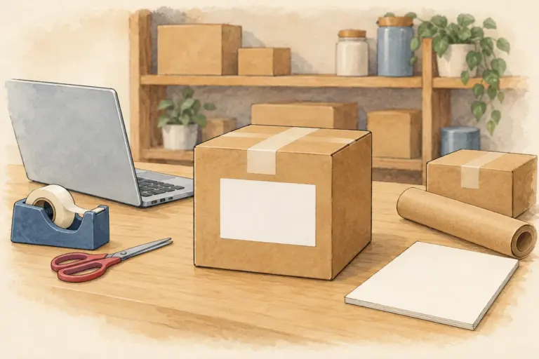 Illustration: a sealed cardboard parcel with a blank shipping label on a shop counter, beside an open laptop, a tape dispenser with scissors, a roll of kraft paper and a second small parcel