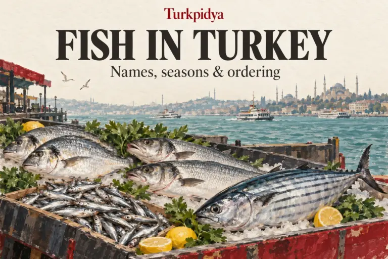 Turkpidya Fish in Turkey: names, seasons and ordering, with an illustrated fish market beside Istanbul’s waterfront.