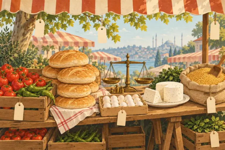 Illustration: a market stall under a striped awning with tomatoes, loaves of bread, eggs, white cheese and a sack of bulgur, blank price tags and a brass scale