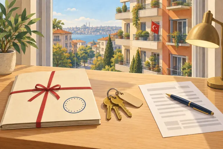 Illustration: a desk by a window with a closed paper folder tied with a red ribbon, a bunch of keys, a pen on a sheet of paper and, outside, an apartment block with a Turkish flag