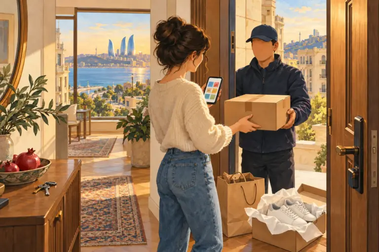 Çizim: Bakü’de bir apartman kapısında kurye bir koli uzatıyor, telefonu elinde bir kadın paketi alıyor; pencereden Hazar Denizi ve Alev Kuleleri görünüyor