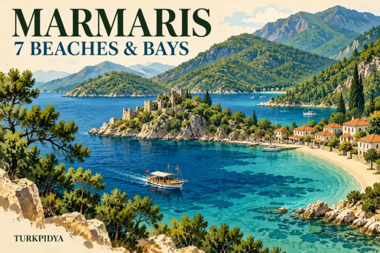 Turkpidya Marmaris: 7 Beaches and Bays, an illustrated coast with pine-covered hills, turquoise water and a wooden boat.