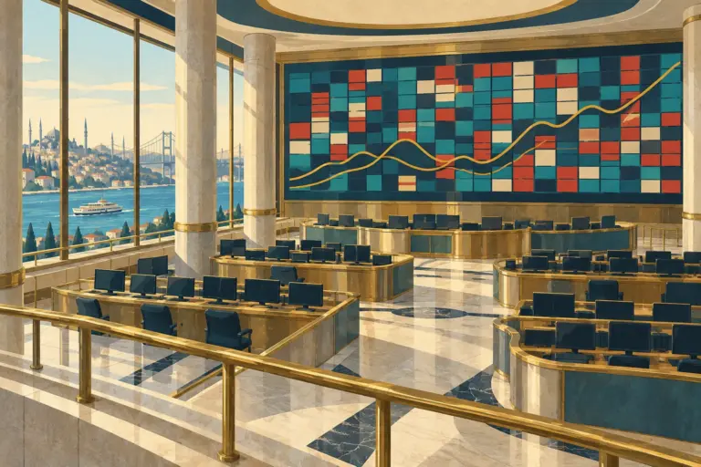 Illustration: a bright modern exchange hall seen from a gallery, a wall-size board of coloured blocks and curves, rows of empty desks and tall windows onto a skyline with domes, minarets and a long bridge